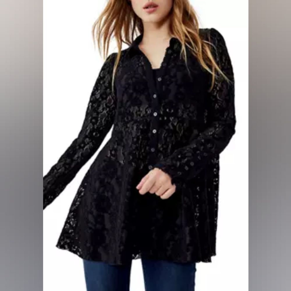 Black Lace Button-Front Women’s Tunic Top